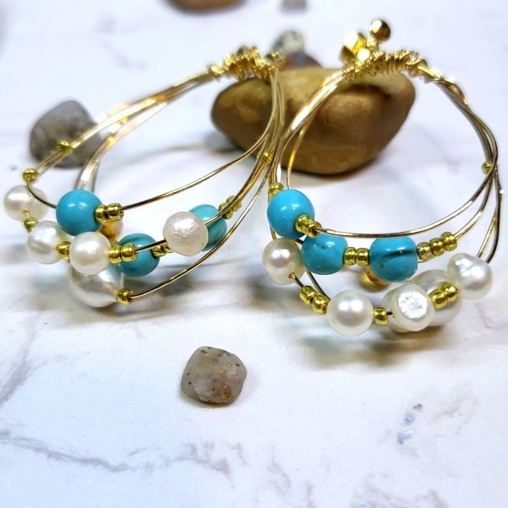 Handmade gold filled earrings with pearls turquoise crystal